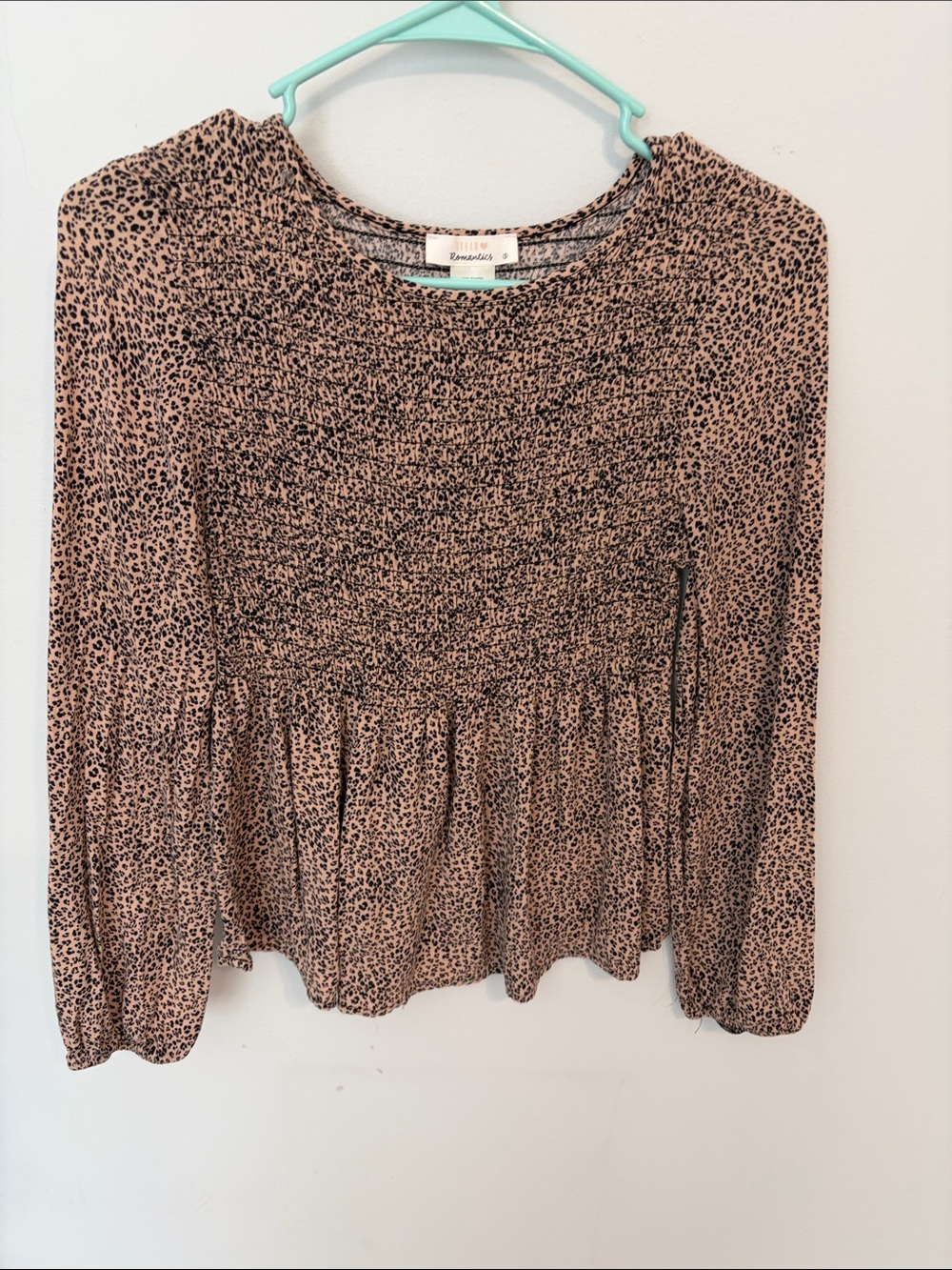 URBAN Romantics Pink and Black Leopard Smocked Peplum Long Sleeve Top